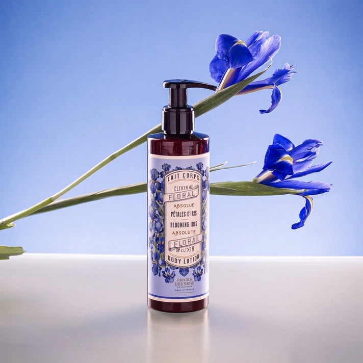 Bottle of Panier des Sens Blooming Iris Body Lotion with elegant packaging.