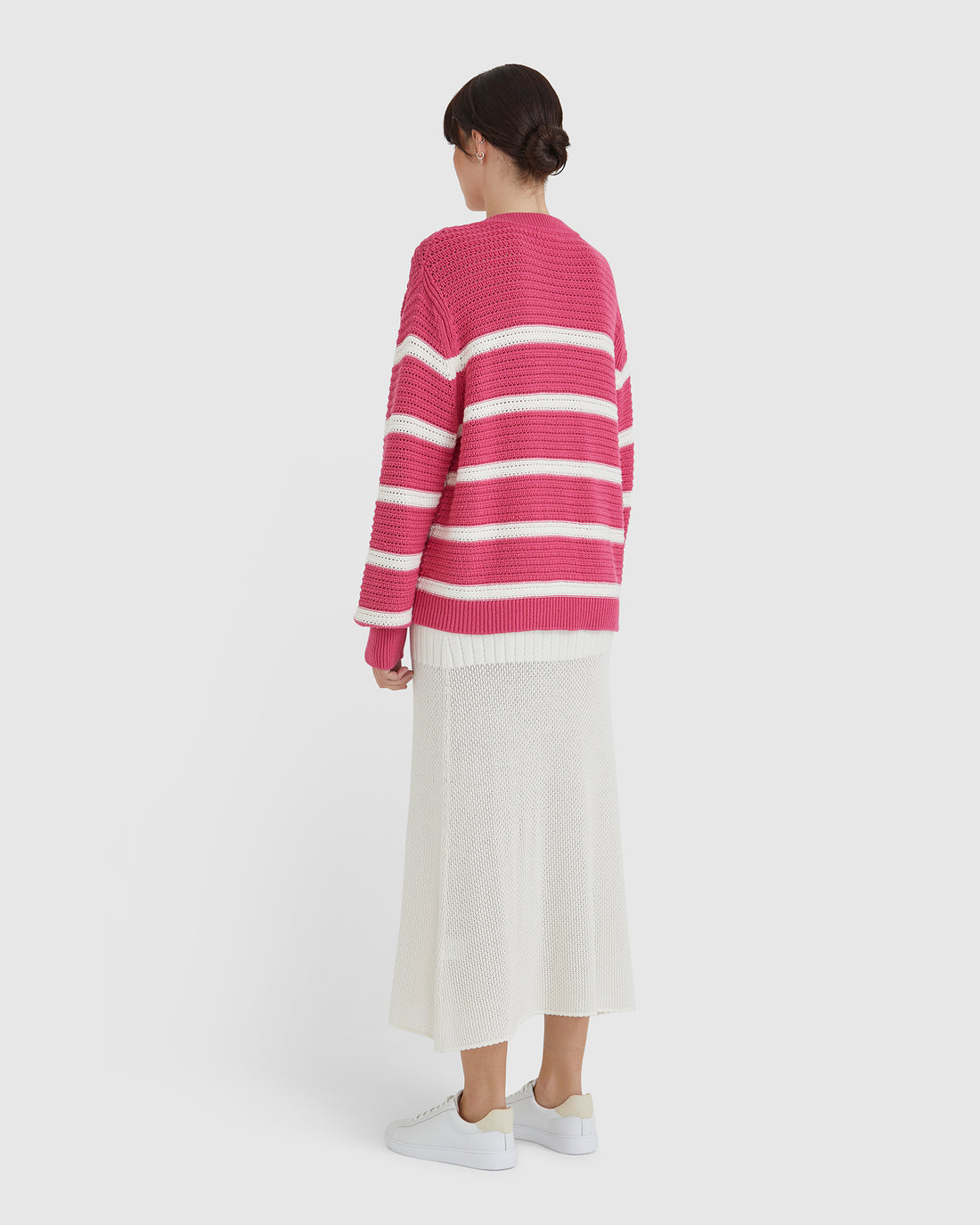Back view of pomegranate wool cotton blend crochet top.