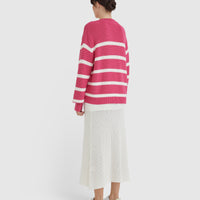 Back view of pomegranate wool cotton blend crochet top.
