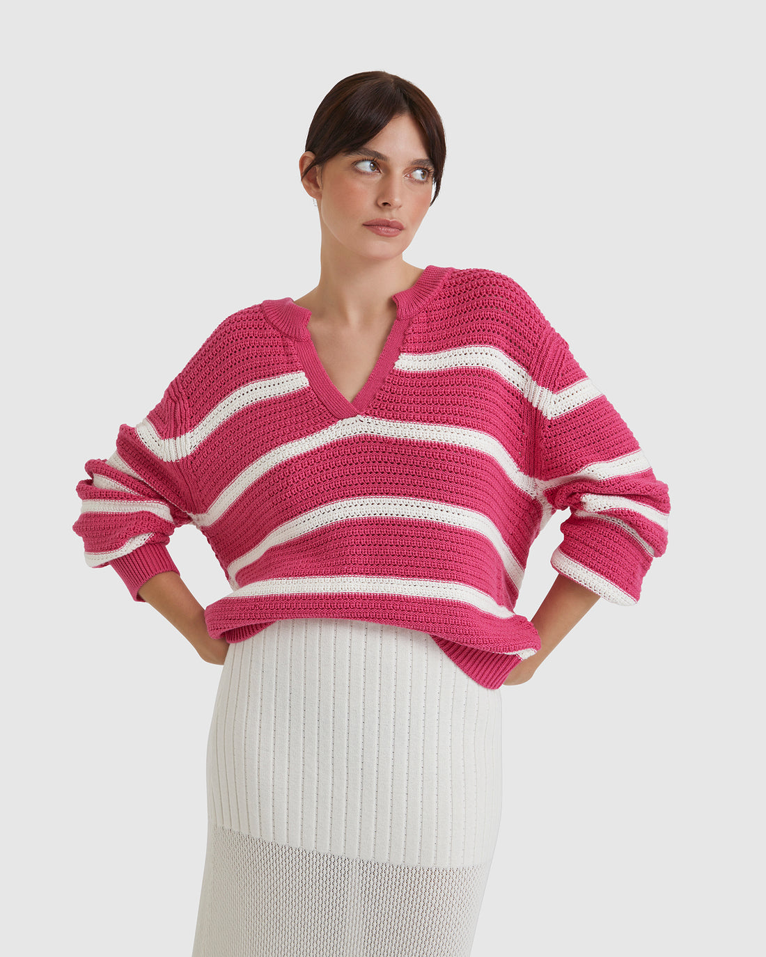 Arabella crochet top in pomegranate, Merino wool and cotton blend.