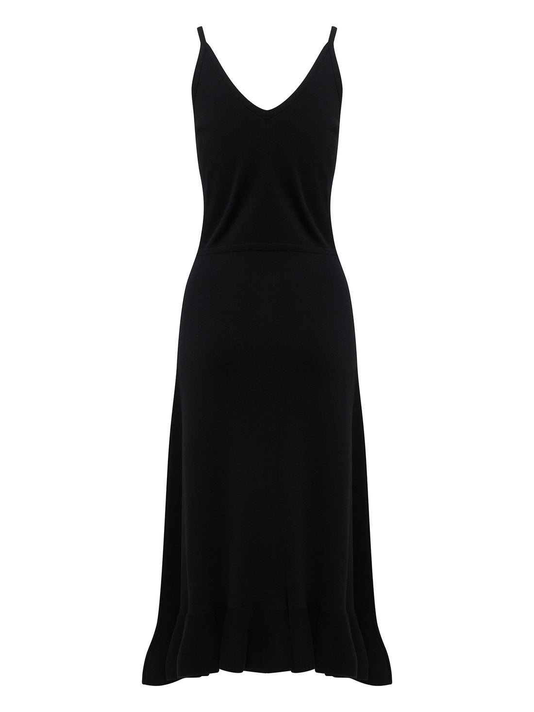 Black wool Blair Dress with a frill hem and a refined slip silhouette.
