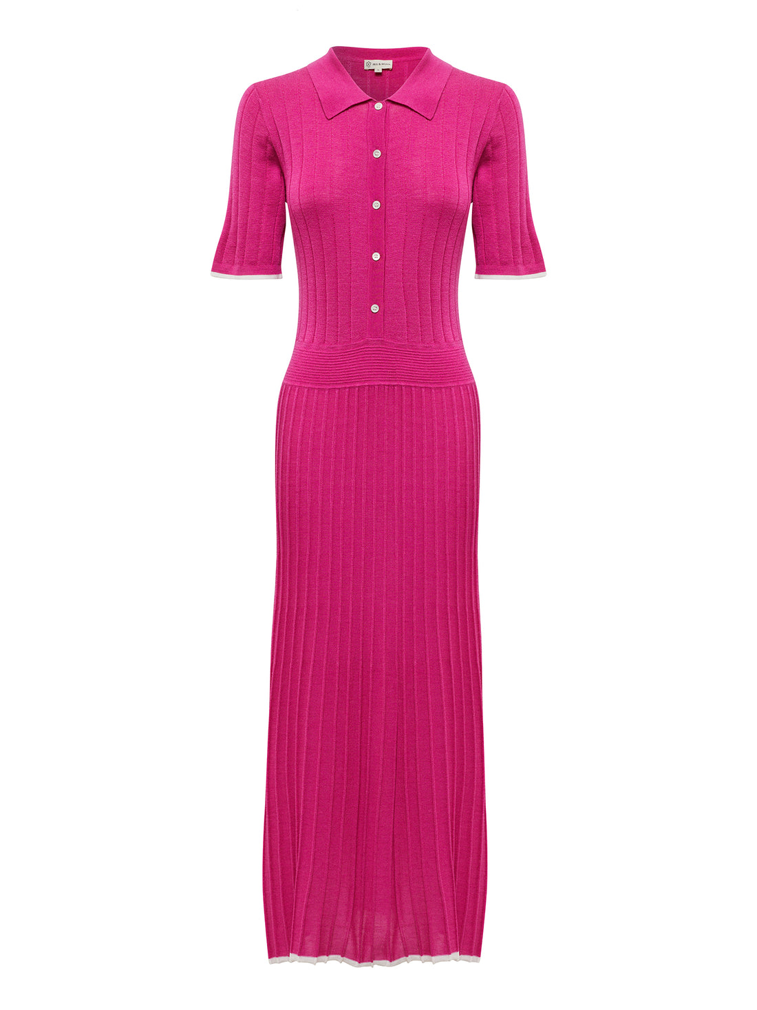 Close up of cerise Cate Polo Dress with classic polo collar and tipped hem.