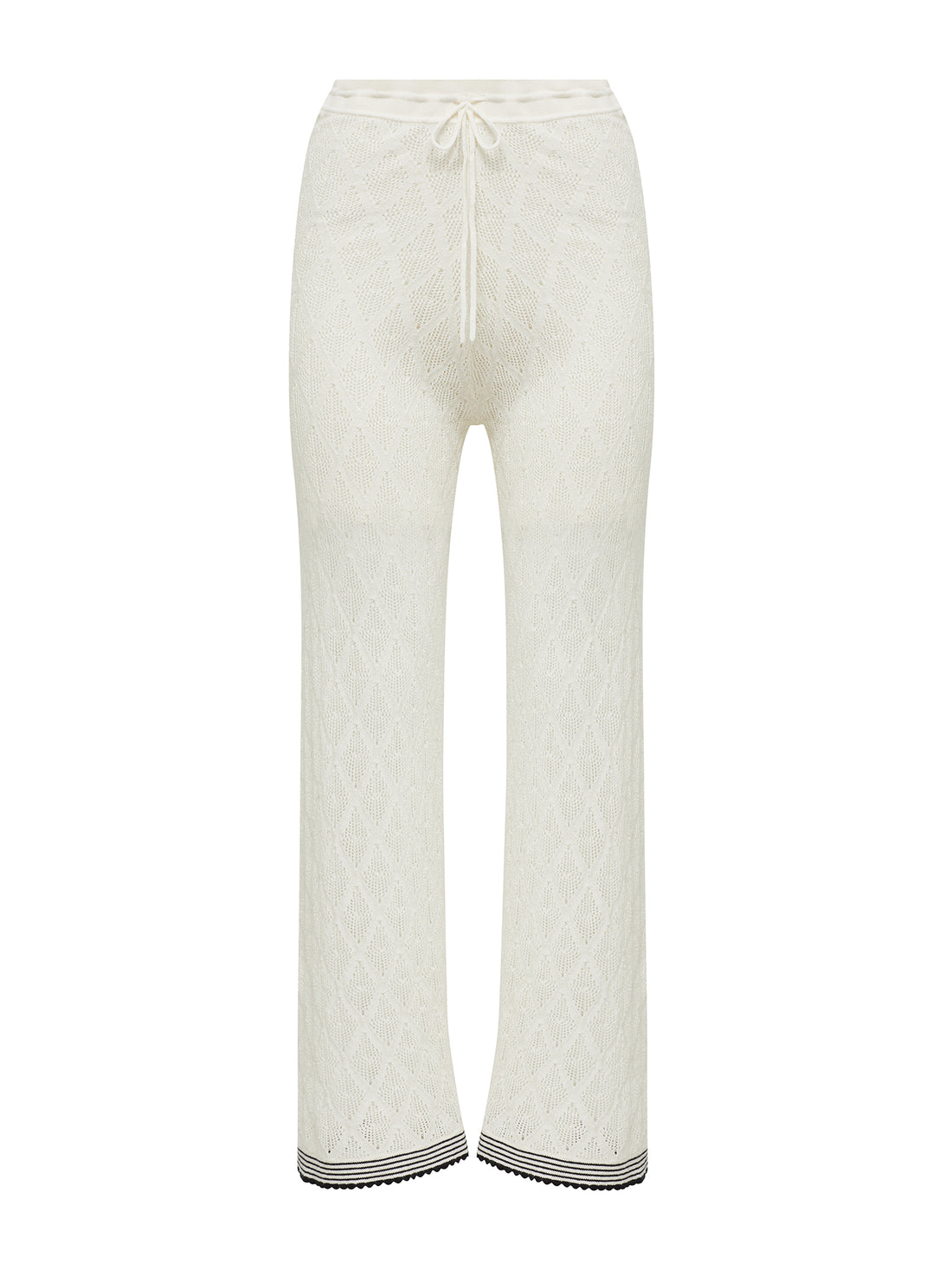 Close up detail on the Chiara Lace Stitch Wool pant in white, pair with Chiara Lace Stitch Top.