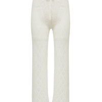 Close up detail on the Chiara Lace Stitch Wool pant in white, pair with Chiara Lace Stitch Top.