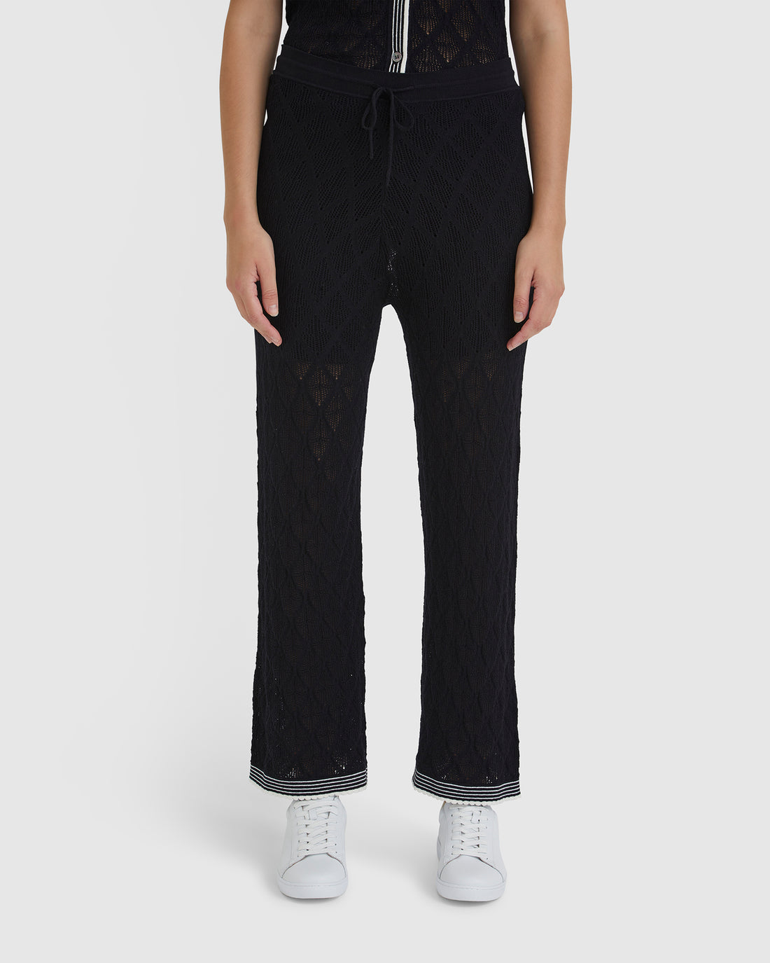 Close-up of Chiara black lace stitch pants with delicate lace details.