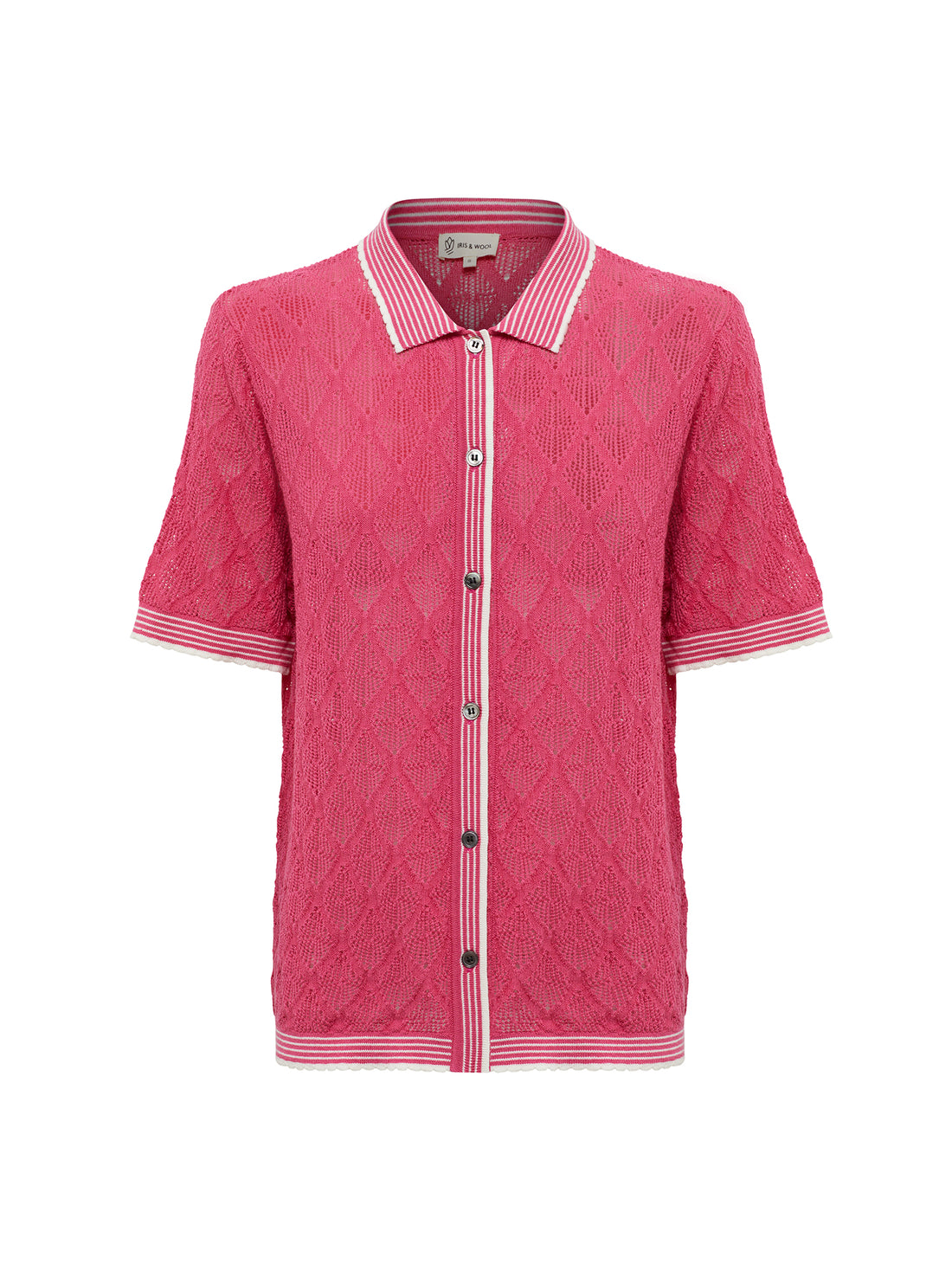 Close-up of intricate lace detail on pomegranate Chiara lace top.