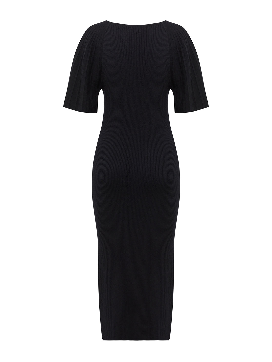 Classic little black wool dress featuring a ribbed silhouette and detailed pleated sleeves.