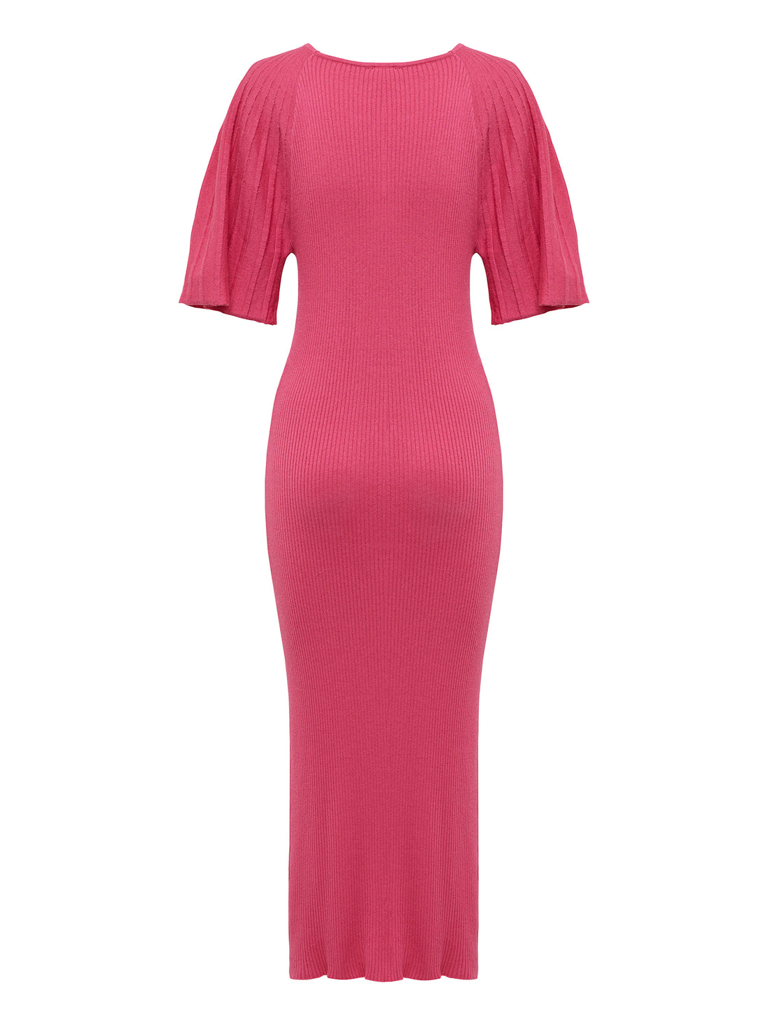 Back view of merino wool dress in pomegranate, designed with elegant pleated sleeves.