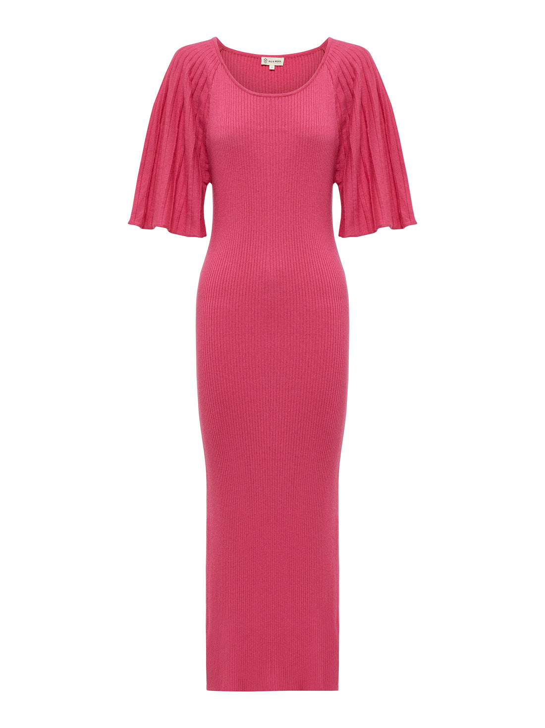 Bold merino wool dress in pomegranate, designed with elegant pleated sleeves.