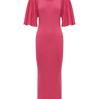 Bold merino wool dress in pomegranate, designed with elegant pleated sleeves.