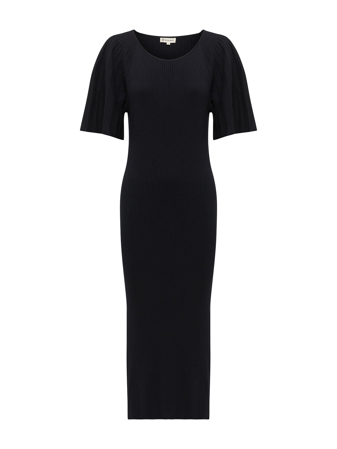 Classic black wool dress featuring a ribbed silhouette and detailed pleated sleeves.