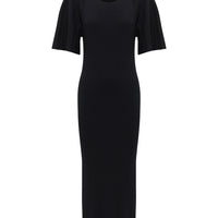 Classic black wool dress featuring a ribbed silhouette and detailed pleated sleeves.