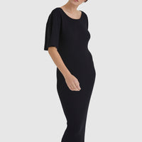 Black Fleur Pleat Sleeve Dress with fitted waist and pleated sleeves.