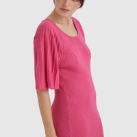 Pomegranate Fleur Pleat Sleeve Dress with fitted ribbed silhouette.