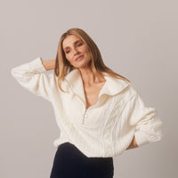 Ivory Nerida Sweater in Australian Merino wool, with a cozy half-zip design.