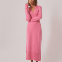 Little River Knit Dress in candy pink with ruffled cuffs and neckline.