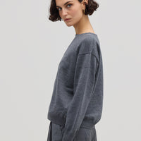 Side profile of model in Grey Wool Sweater – lightweight and effortlessly elegant knitwear