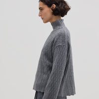 Side profile of model in Grey High Neck Wool Sweater – stylish, soft, and effortlessly elegant