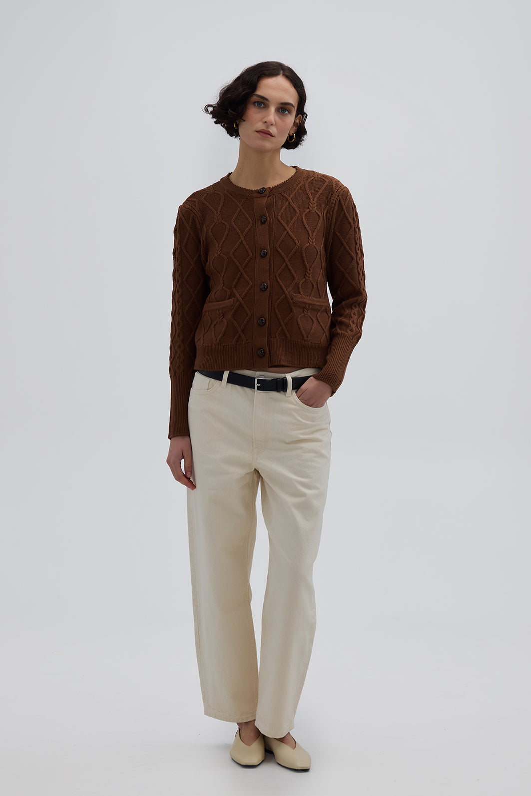 Model wearing the Brown Heart Cable Wool Cardigan – elegant ladies wool cardigan in a rich earthy tone