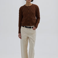 Model wearing the Brown Heart Cable Wool Cardigan – elegant ladies wool cardigan in a rich earthy tone