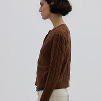 Side view of model in Brown Wool Cardigan – classic cable-knit design for effortless winter styling