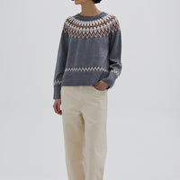 Model wearing the Fair Isle Merino Wool Sweater – stylish and warm ladies wool jumper in neutral tones