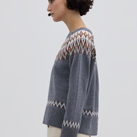 Side view of model in Fair Isle Wool Sweater – timeless pure wool sweater for cool weather