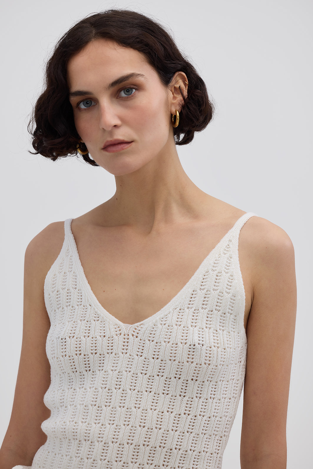 Model wearing the Cream Corded Rib Merino Cami – soft and breathable wool cami