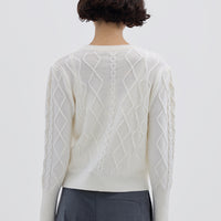 Ladies Wool Cardigan in Cream, styled open over a blouse – timeless and cozy layering piece