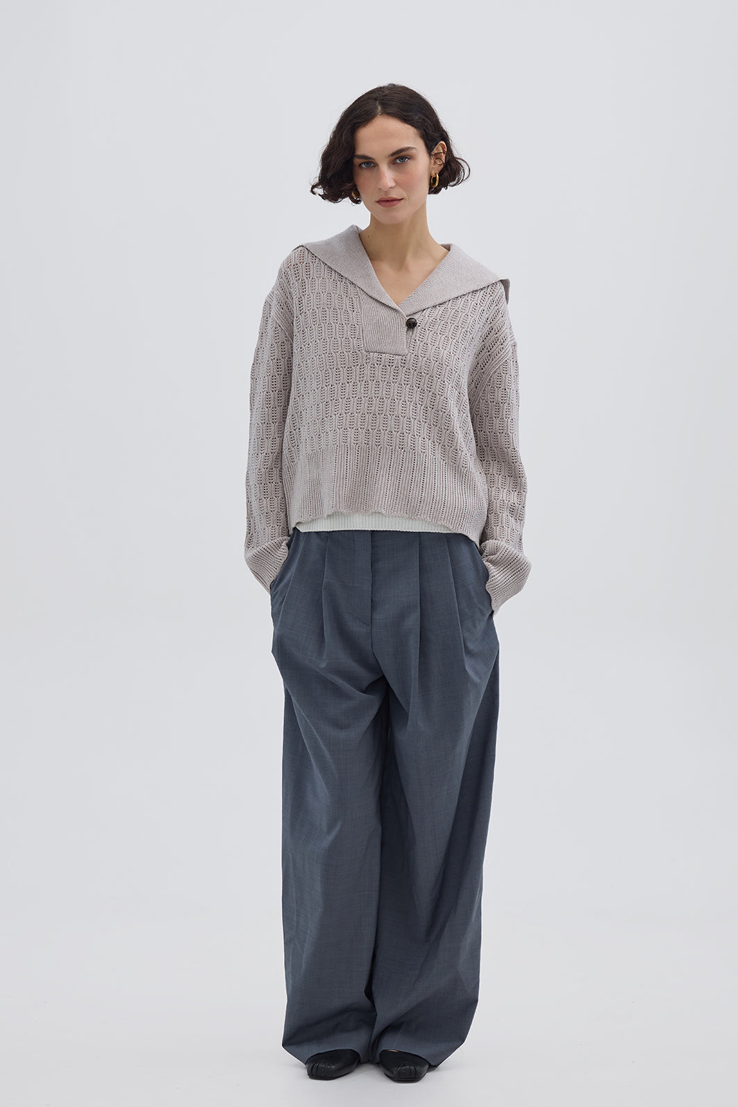 Model wearing the Cream Corded Rib Sailor Collar Merino Sweater – classic and elegant ladies wool sweater