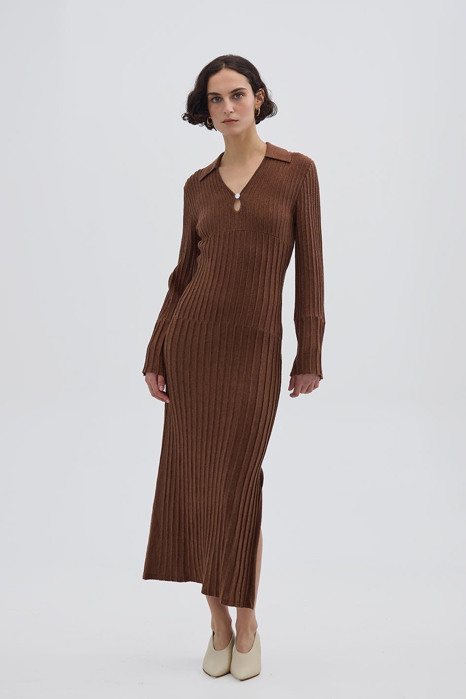 Model wearing the Brown Engineered Rib Polo Wool Dress – cozy and sophisticated Merino dress
