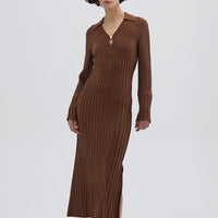 Model wearing the Brown Engineered Rib Polo Wool Dress – cozy and sophisticated Merino dress