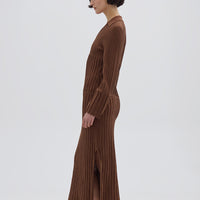 Side profile of model in Brown Merino Dress – structured, breathable, and effortlessly elegant