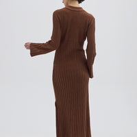 Long Wool Dress in Brown styled with a tailored coat – timeless and versatile knitwear
