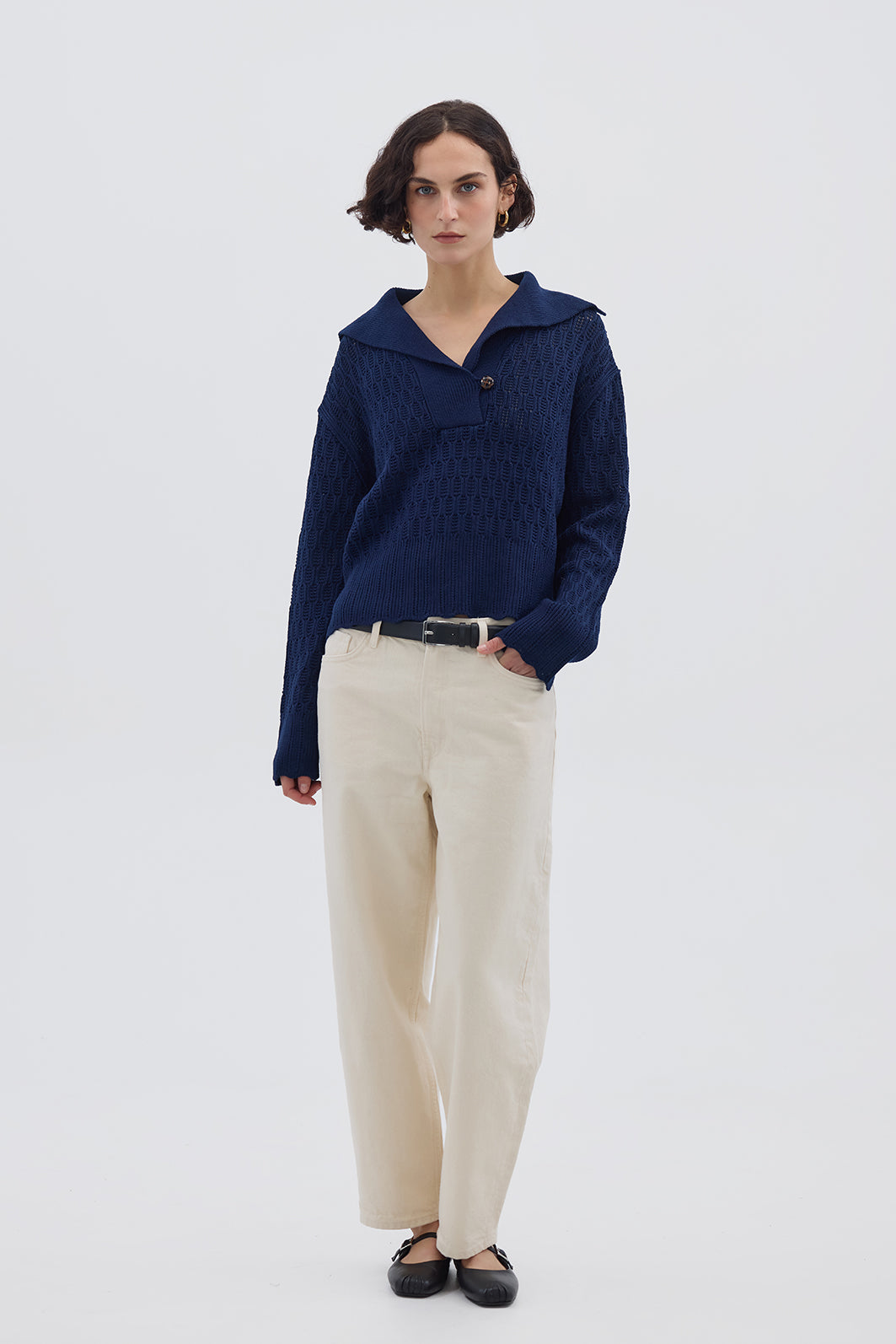 Model wearing the Navy Corded Rib Sailor Collar Merino Sweater – stylish and structured ladies wool sweater