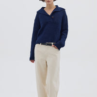 Model wearing the Navy Corded Rib Sailor Collar Merino Sweater – stylish and structured ladies wool sweater