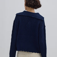 Ladies Wool Jumper in Navy styled with jeans – polished and comfortable knitwear