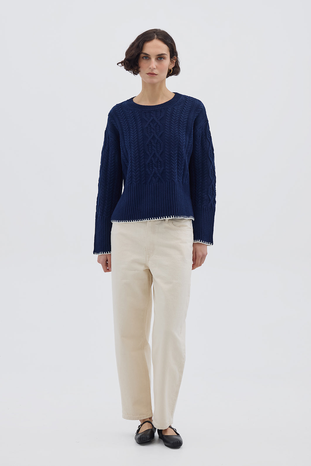 Model wearing the Burra Crochet Merino Wool Sweater – stylish and cozy ladies wool jumper
