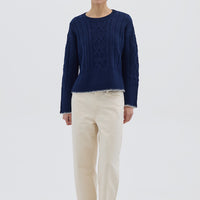 Model wearing the Burra Crochet Merino Wool Sweater – stylish and cozy ladies wool jumper