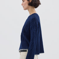 Side profile of model in Burra Crochet Wool Sweater – elegant and warm layering piece