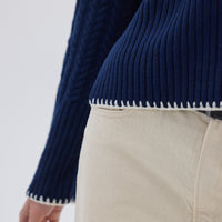 close up of the navy sweater whip stitch detailing.
