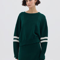 Model wearing the Emerald Ruched Striped Rib Merino Sweater – vibrant and cozy ladies wool sweater