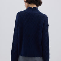 Ladies Wool Jumper in Navy styled with high-waisted trousers – elegant and cozy knitwear