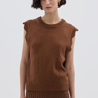 Model wearing the Walnut Scallop Vest – elegant ladies wool vest with scalloped sleeves