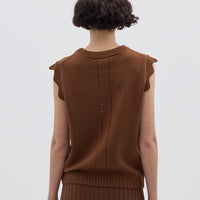 Ladies Knit Vest in Walnut styled over a blouse – refined and versatile layering piece
