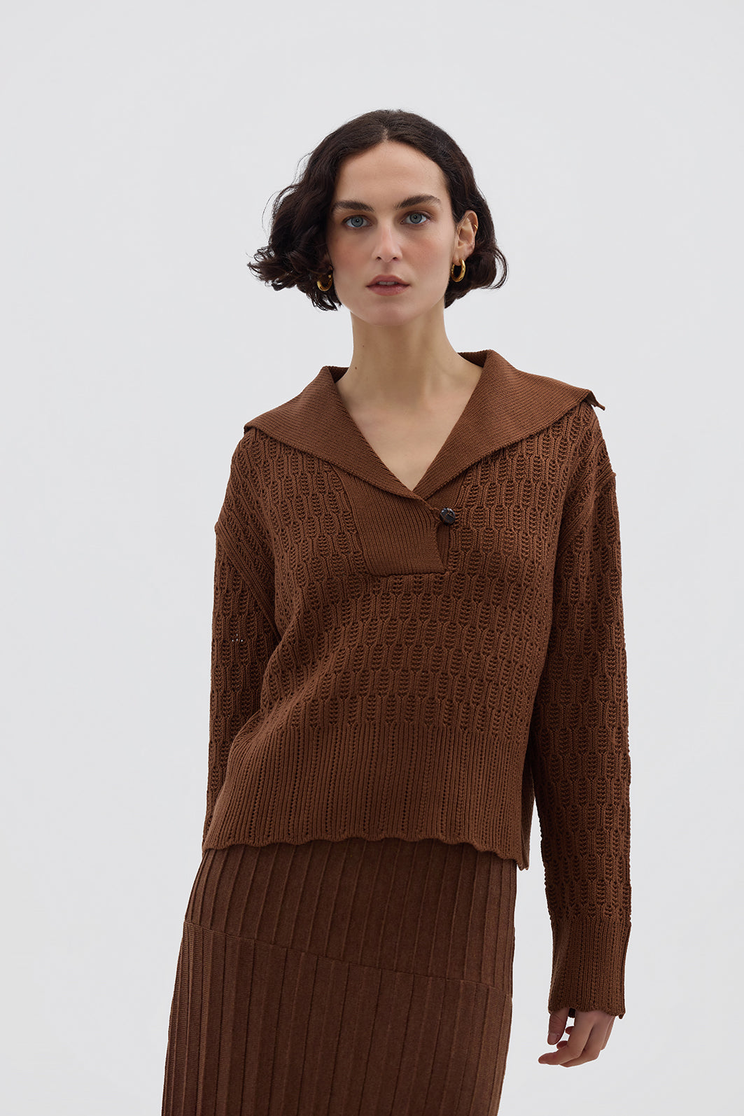 Model wearing the Brown Corded Rib Sailor Collar Merino Sweater – classic and sophisticated ladies wool sweater