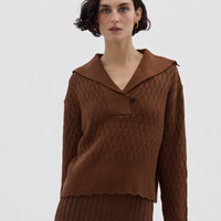 Model wearing the Brown Corded Rib Sailor Collar Merino Sweater – classic and sophisticated ladies wool sweater
