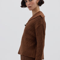 Side profile of model in Brown Wool Sweater – warm, refined, and stylish knitwear