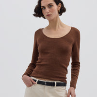 Model wearing the Walnut Merino Skivvy – fitted wool skivvy with a soft, breathable feel