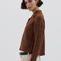 Side view of model in Brown Button-Neck Wool Sweater – refined and timeless winter knitwear